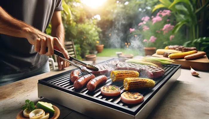 Personne qui cuisine sur une plancha portable.